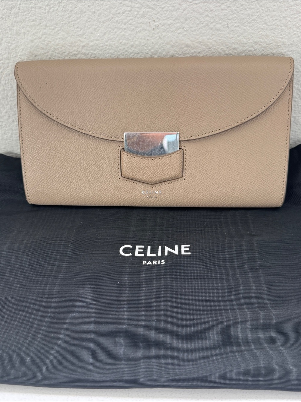 Celine Taupe Leather Envelope wallet/clutch with Silver Hardware
